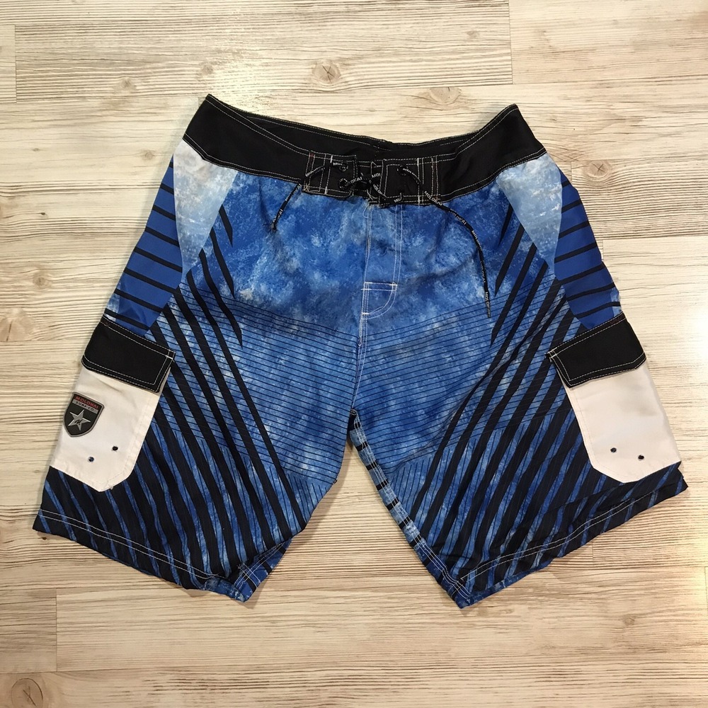 Molokai Surf Co Swim Trunks Men's Size 36 Blue Black Striped Mesh Lined